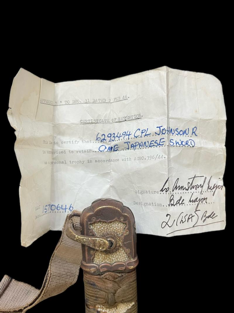 WW2 JAPANESE OFFICER'S SIGNED HILT KATANA SWORD & SCABBARD & LETTER OF RETENTION