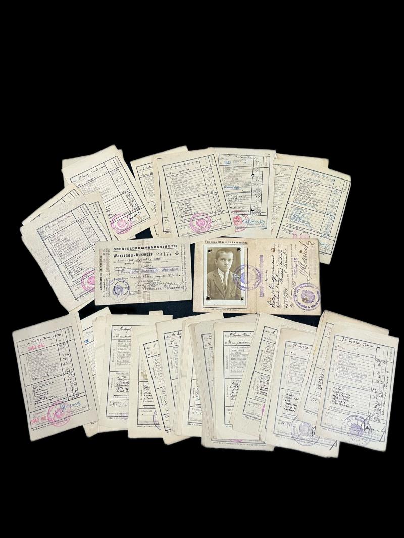 WW2 DR.SZALAY BENO 1944 WARSHAU AUSWEIS, 72 X SALARY PAYMENT FORMS AND HIS SONS RESIDENCY CARD