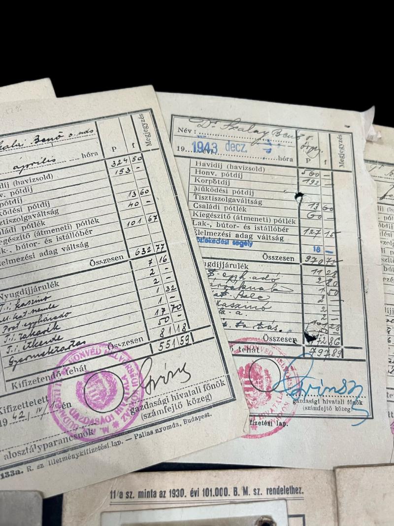 WW2 DR.SZALAY BENO 1944 WARSHAU AUSWEIS, 72 X SALARY PAYMENT FORMS AND HIS SONS RESIDENCY CARD
