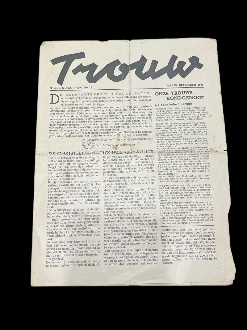 WW2 DUTCH RESISTANCE NEWSPAPER OF TROUW (DECEMBER 1944)