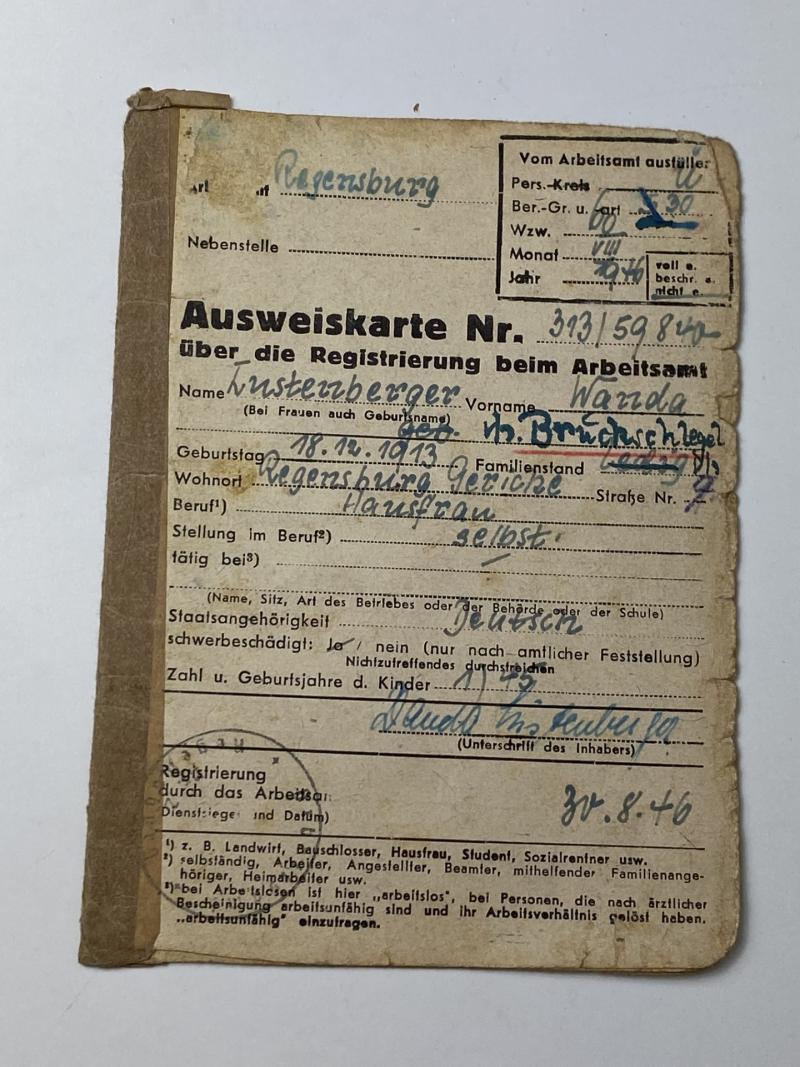 WW2 GERMAN IDENTIFICATION CARD & NOTICE OF DEATH FOR A WANDA LUSTEIIBERGER