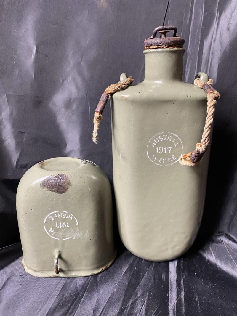 WW1 AUSTRIAN ENAMEL WATER BOTTLE & CUP (MATCHING)