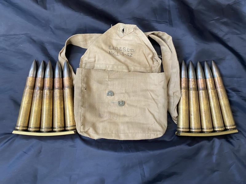 10 X WW2 .55 BOYS ANTI-TANK UNSTRUCK ROUNDS ON CLIPS AND IN ITS POUCH (INERT)