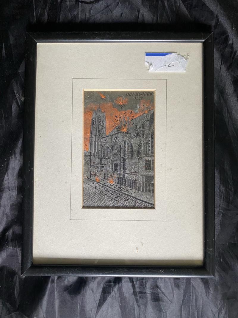 (WAS £65) FRAMED SILK EMBROIDERY OF DUNKERQUE CATHERDRAL BOMBING 