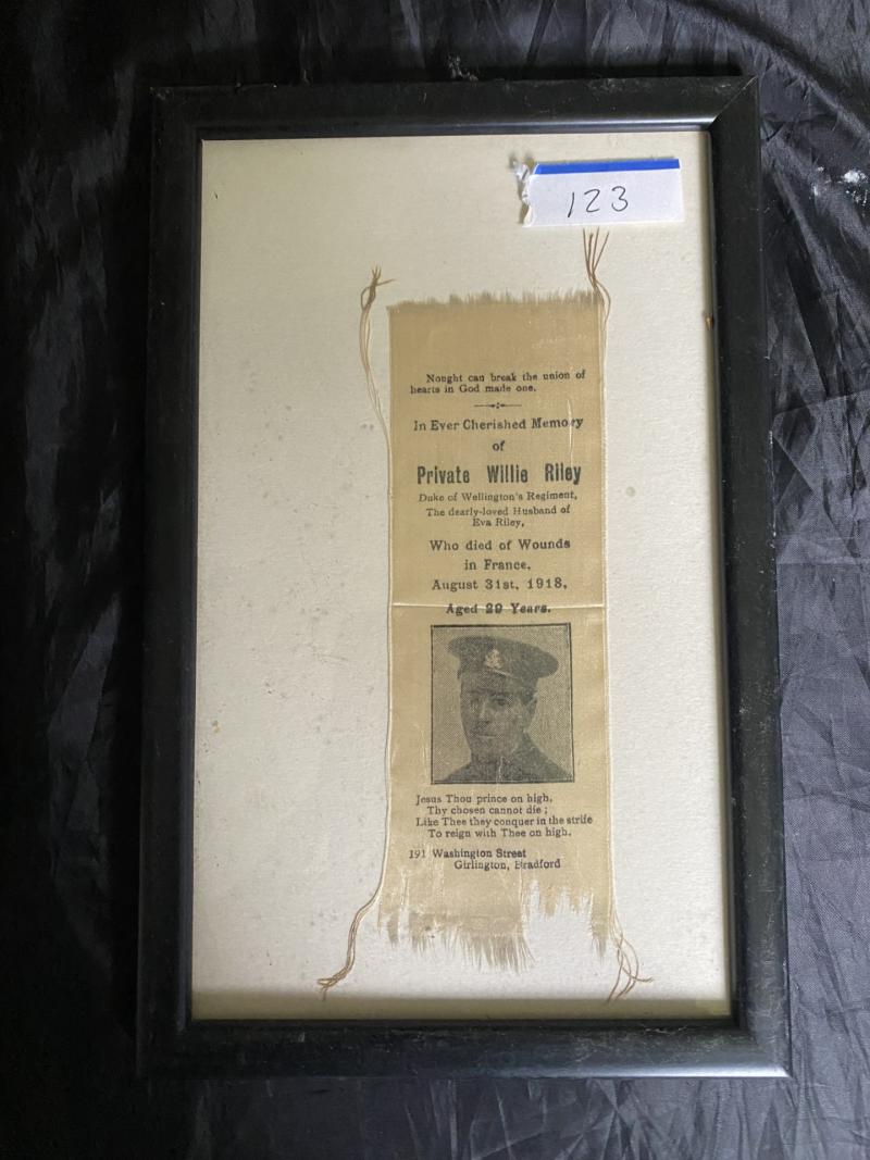 FRAMED SILK MEMORIAL BOOK MARK FOR PRIVATE WILLIE RILEY