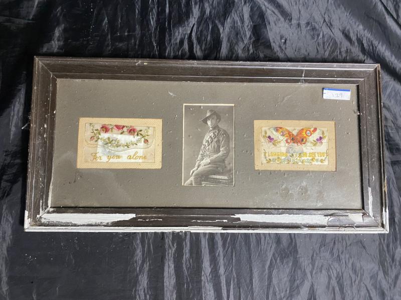 FRAMED SOLDIER OF A AUSTRALIAN SOLDIER WITH 2 X EMBROIDERED PANELS