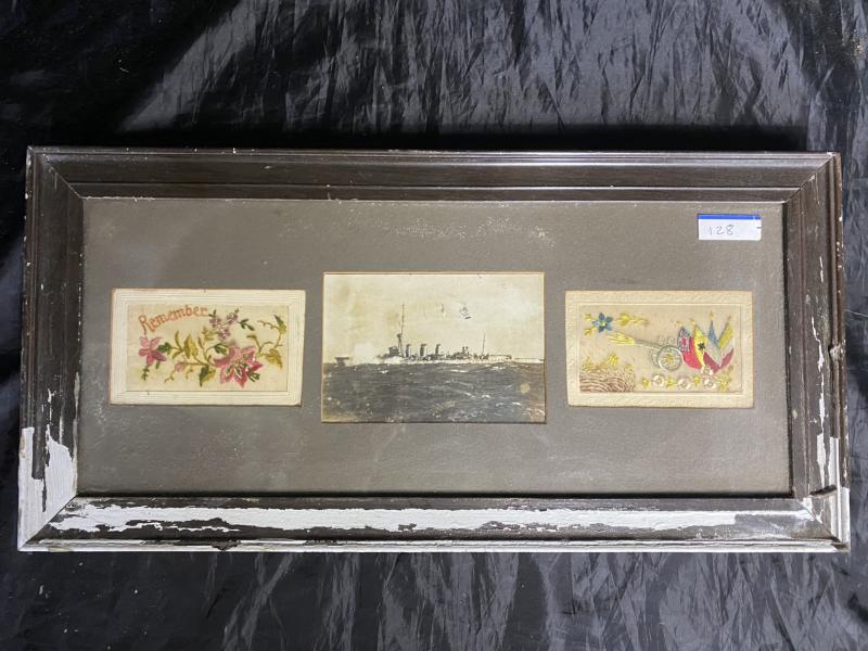 FRAMED PHOTOGRAPH OF A BRITISH DESTROYER WITH 2 X EMBROIDED PANELS