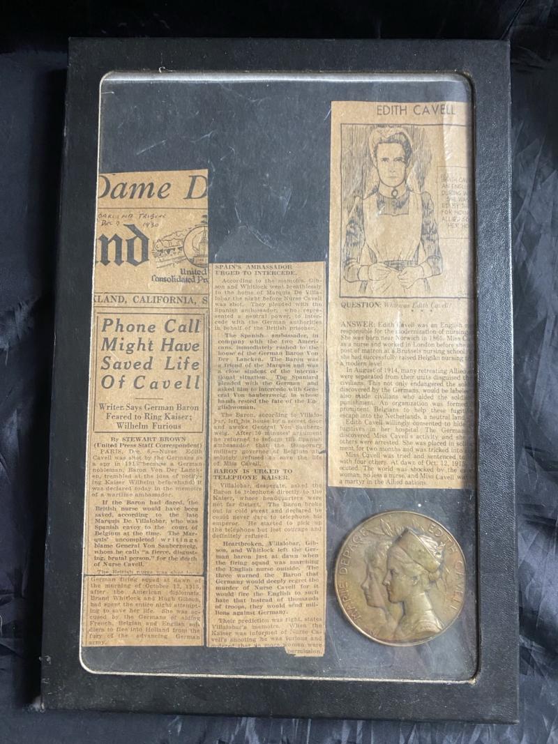 WW1 EDITH CAVELL COMMEMORATIVE MEDAL AND NEWS CUTTINGS