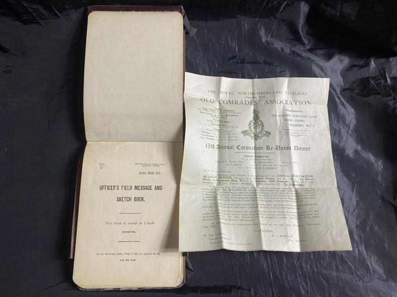 BRITISH OFFICER'S FIELD MESSAGE AND SKETCH BOOK + WW2 15TH RE-UNION DINNER