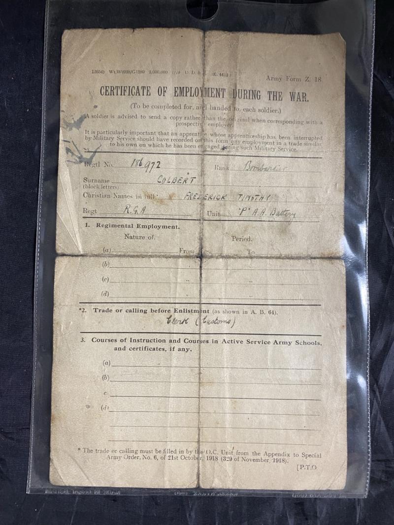 WW1 BRITISH CERTIFICATE OF EMPLOYMENT DURING THE WAR DOCUMENT