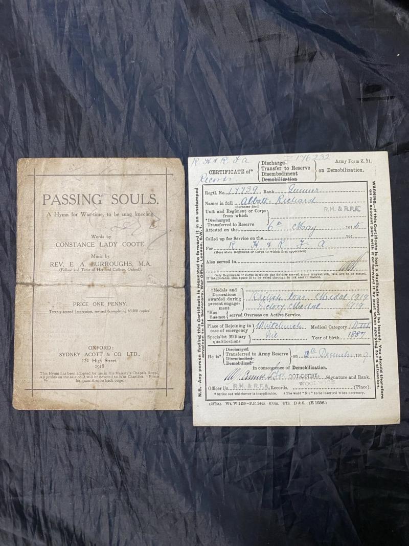 A SELECTION OF DOCUMENTS INCLUDING A CERTIFICATE OF DEMOBILIZATION AND PASSING SOULS HYMN SHEET