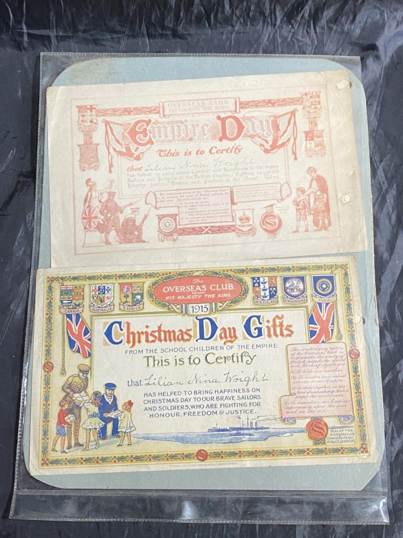 WW1 THE OVERSEAS CLUB CERTIFICATES (LILIAN NINA WRIGHT)