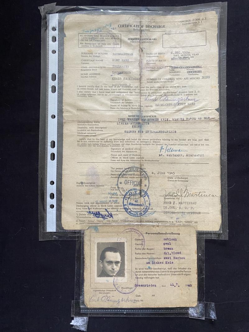 WW2 DISCHARGE PAPERS AND AUSWEIS FOR A KURT HANS