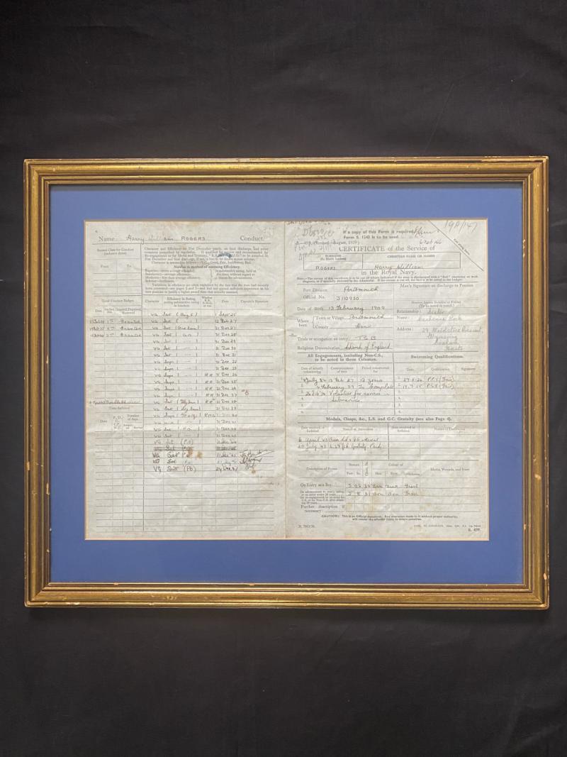 WW2 NAVY CERTIFICATE OF THE SERVICE OF HARRY WILLIAM ROGERS (FRAMED)