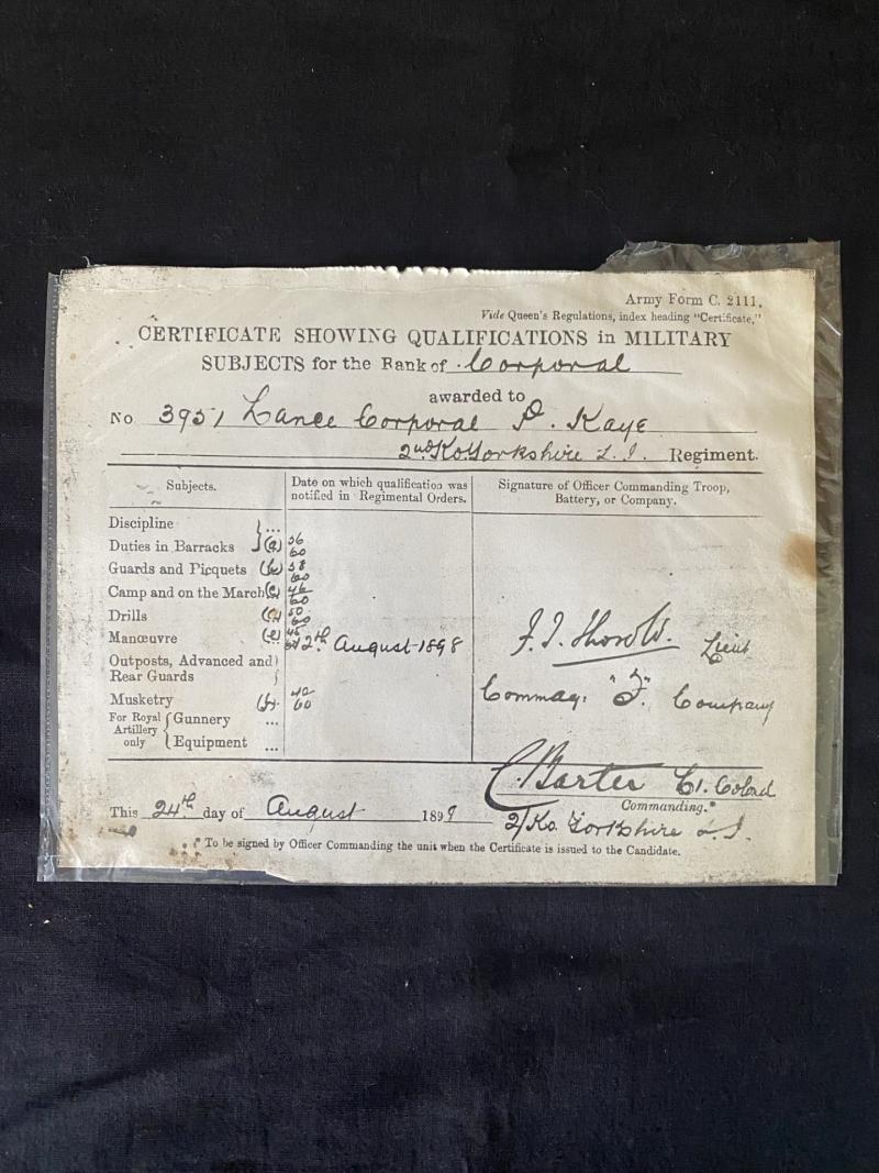 CERTIFICATE SHOWING QUALIFICATIONS IN MILITARY SUBJECTS FOR A LCPL P KAYE