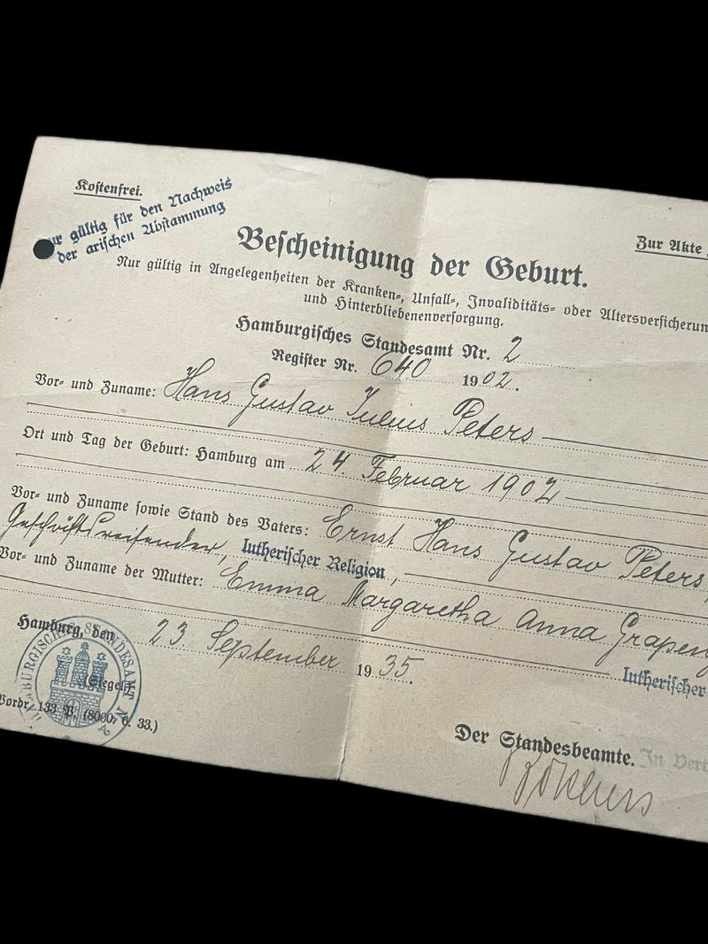 1902 GERMAN BIRTH CERTIFICATE AND WW2 GERMAN DOCUMENT