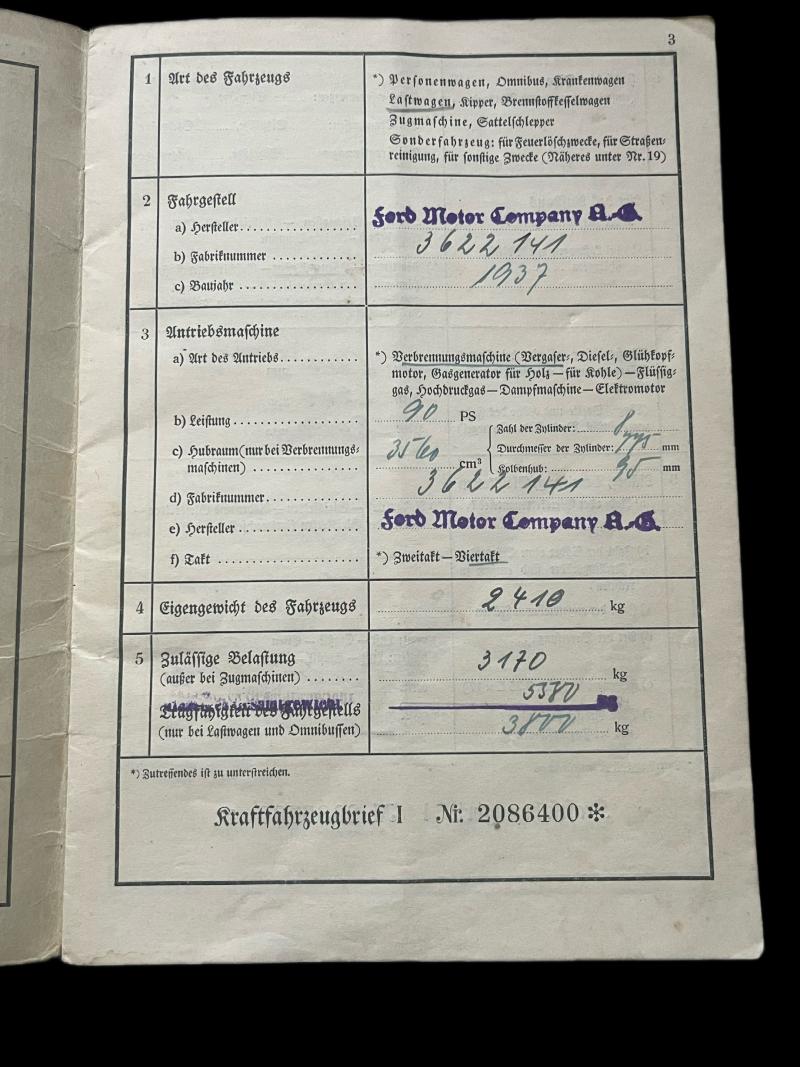 WW2 GERMAN VEHICLE REGISTRATION DOCUMENT