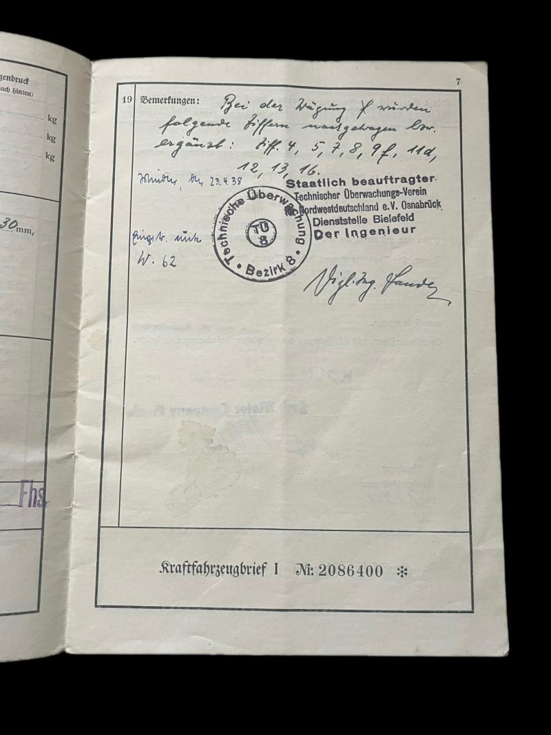 WW2 GERMAN VEHICLE REGISTRATION DOCUMENT