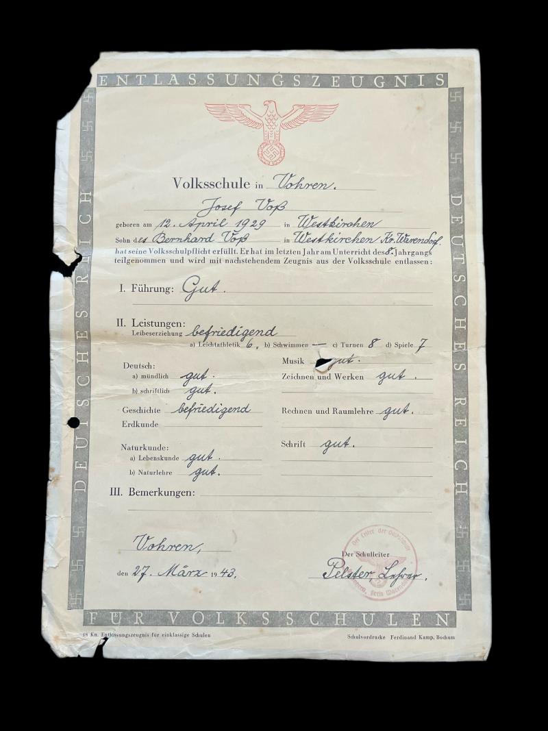 WW2 GERMAN SCHOOL DOCUMENT