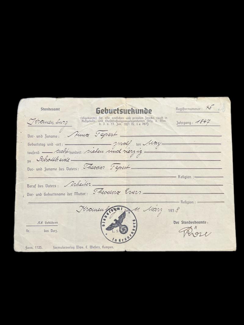 WW2 GERMAN BIRTH CERTIFICATE