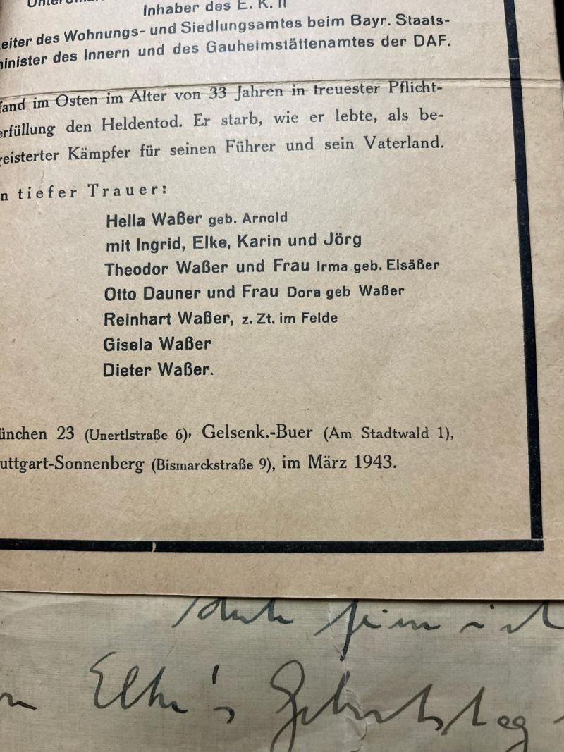 WW2 FAMILY LETTERS/ DOCUMENTS REINHART WASSER/ERWIN WASSER AND OTHER FAMILY MEMBERS
