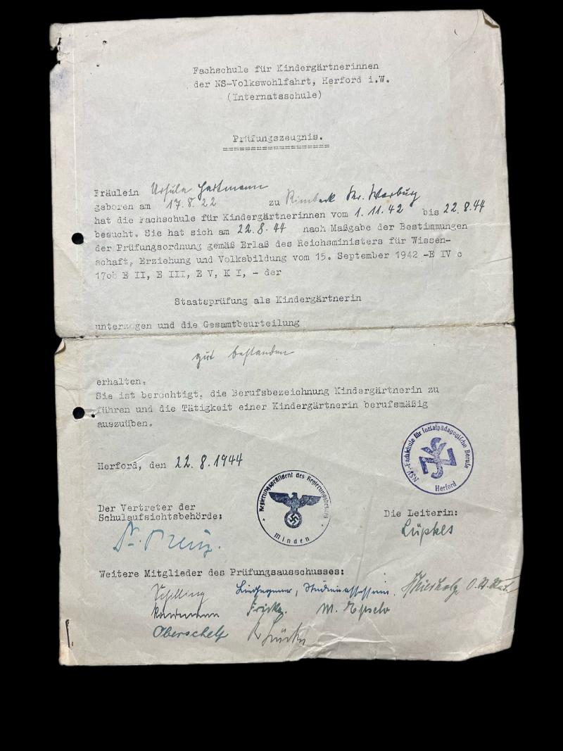 WW2 GERMAN BOARDING SCHOOL DOCUMENT
