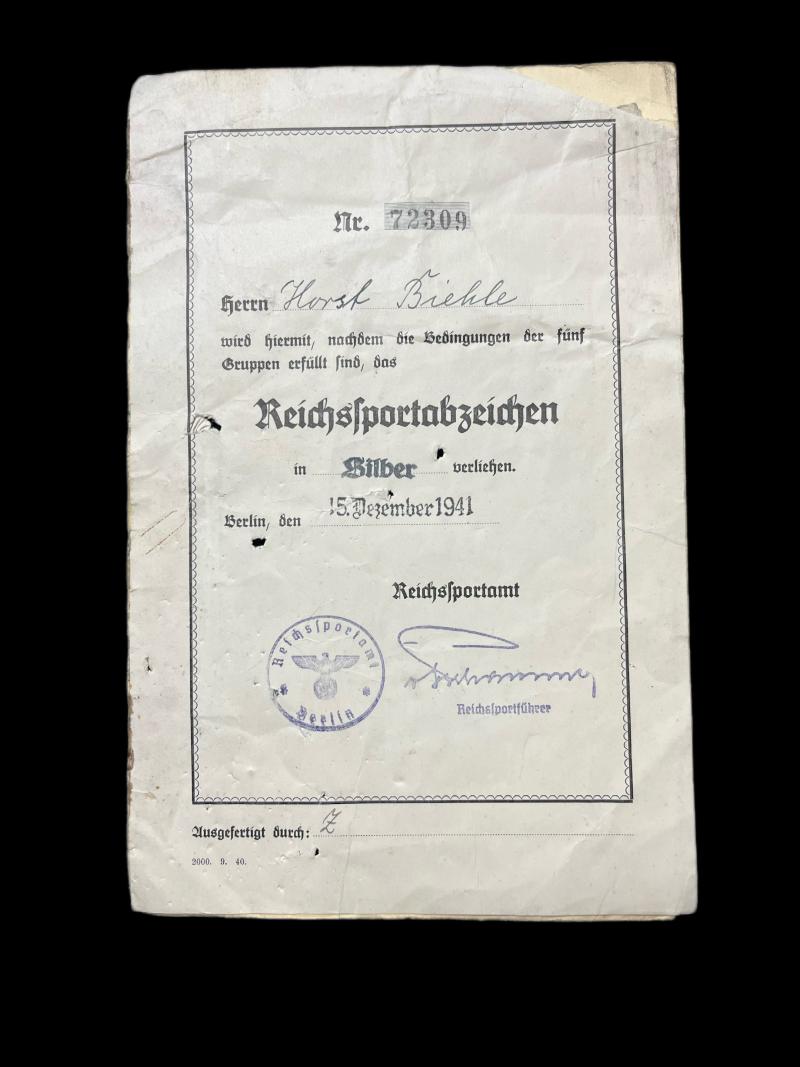 WW2 GERMAN REICHS SPORTS BADGE CERTIFICATE