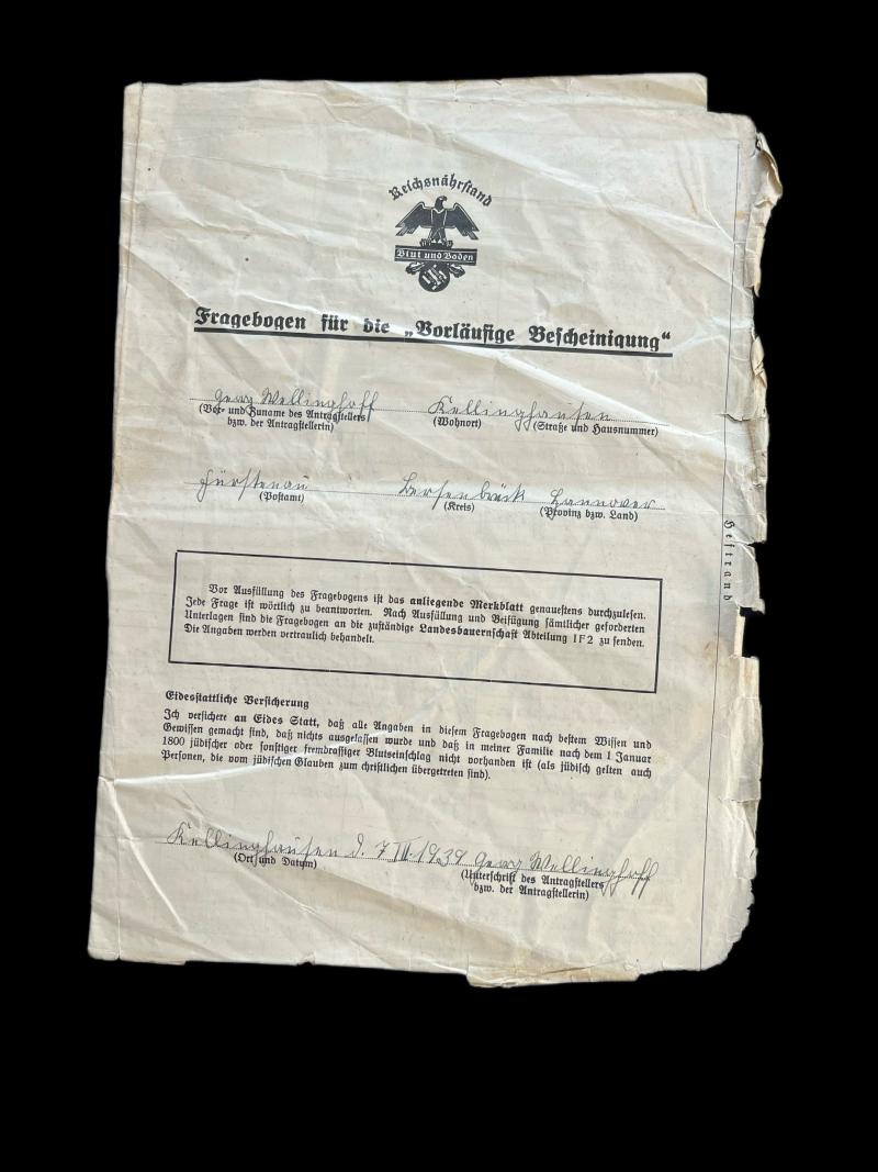 WW2 GERMAN BLUT UND BODEN QUESTIONNAIRE