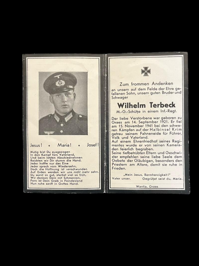 WW2 GERMAN DEATH CARD TO WILHELM TERBECK