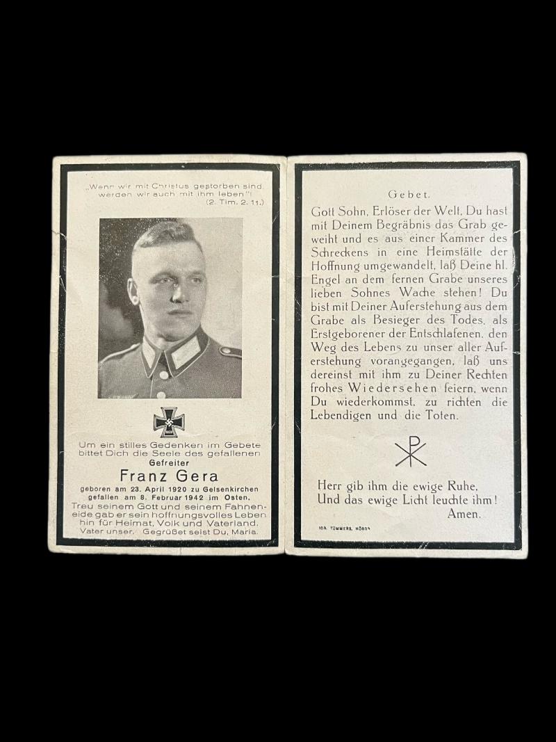 WW2 GERMAN DEATH CARD TO FRANZ GERA