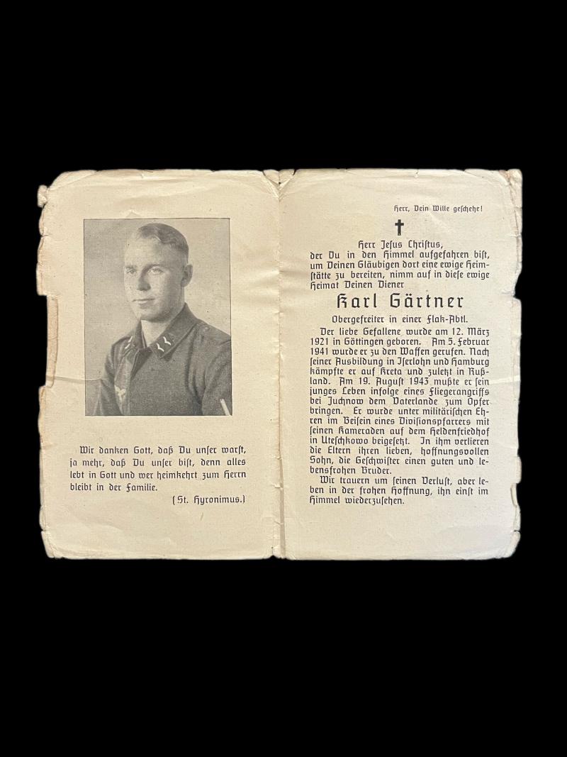 WW2 GERMAN DEATH CARD TO LCPL KARL GORTNER