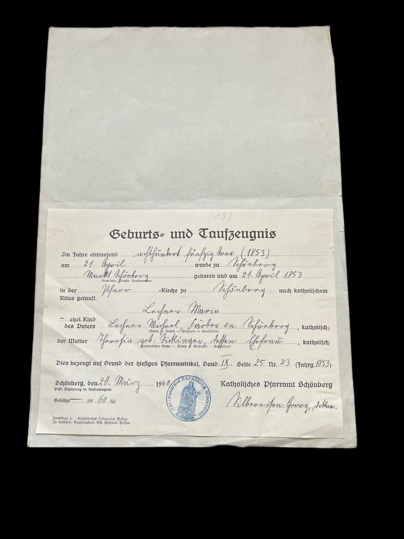 WW2 GERMAN BIRTH & BAPTISM CERTIFICATE