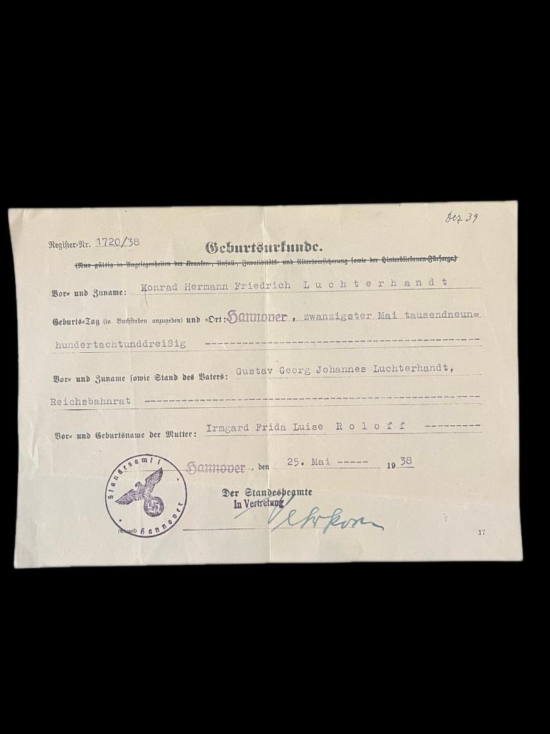 WW2 GERMAN BIRTH CERTIFICATE